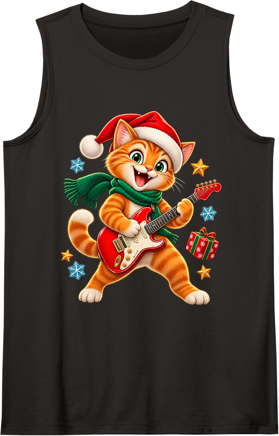 Christmas Cat Guitar Design for Kids Boys Girls Music Lovers Sleeveless Tank Top - Black