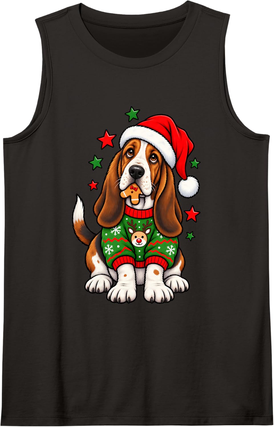 Santa Basset Hound Dog Holding Gingerbread Cookie Christmas Sleeveless Tank Top - Black