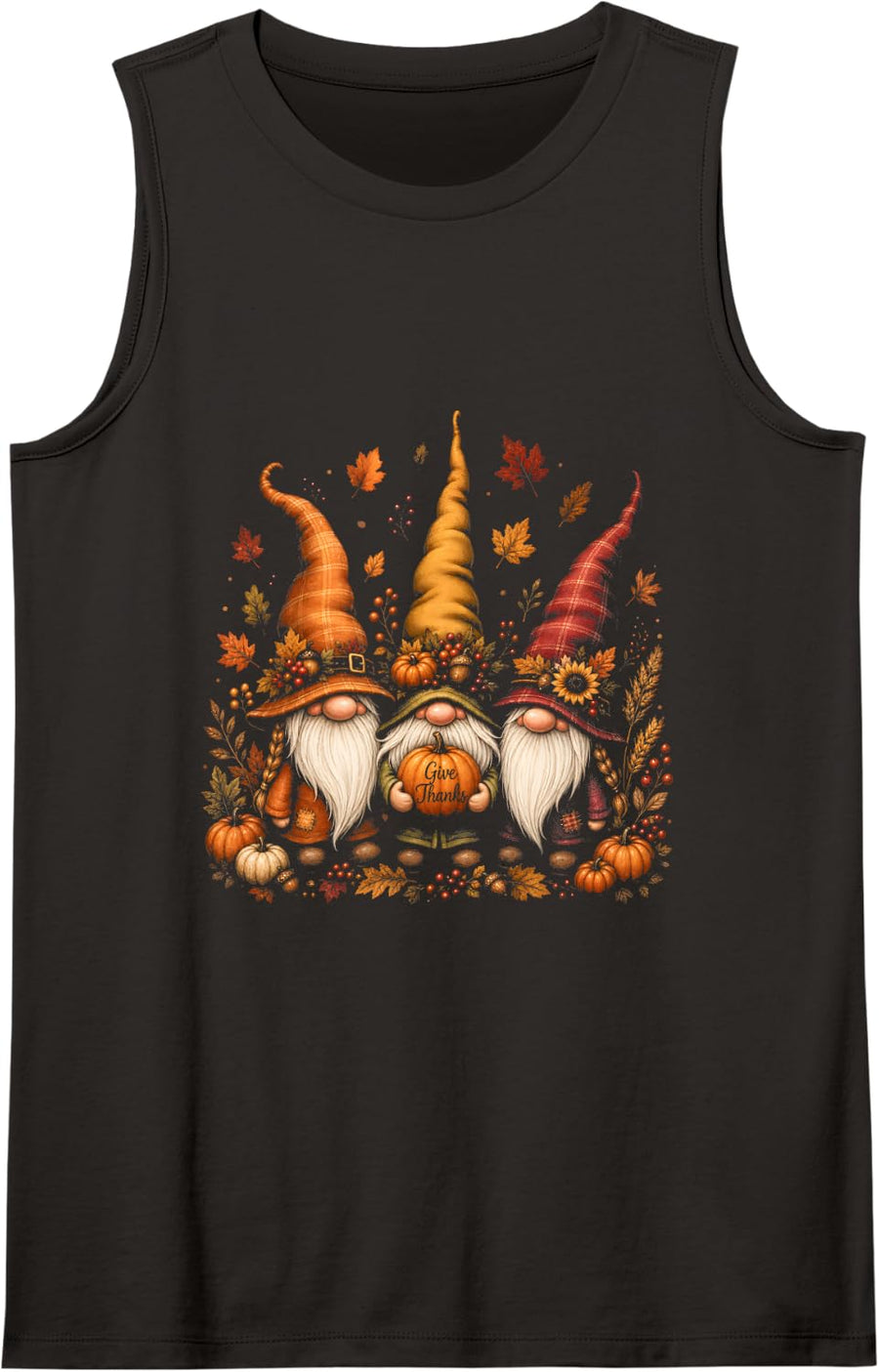 Gnomes Pumpkin Thanksgiving Fall Autumn Decor Harvest Sleeveless Tank Top - Black