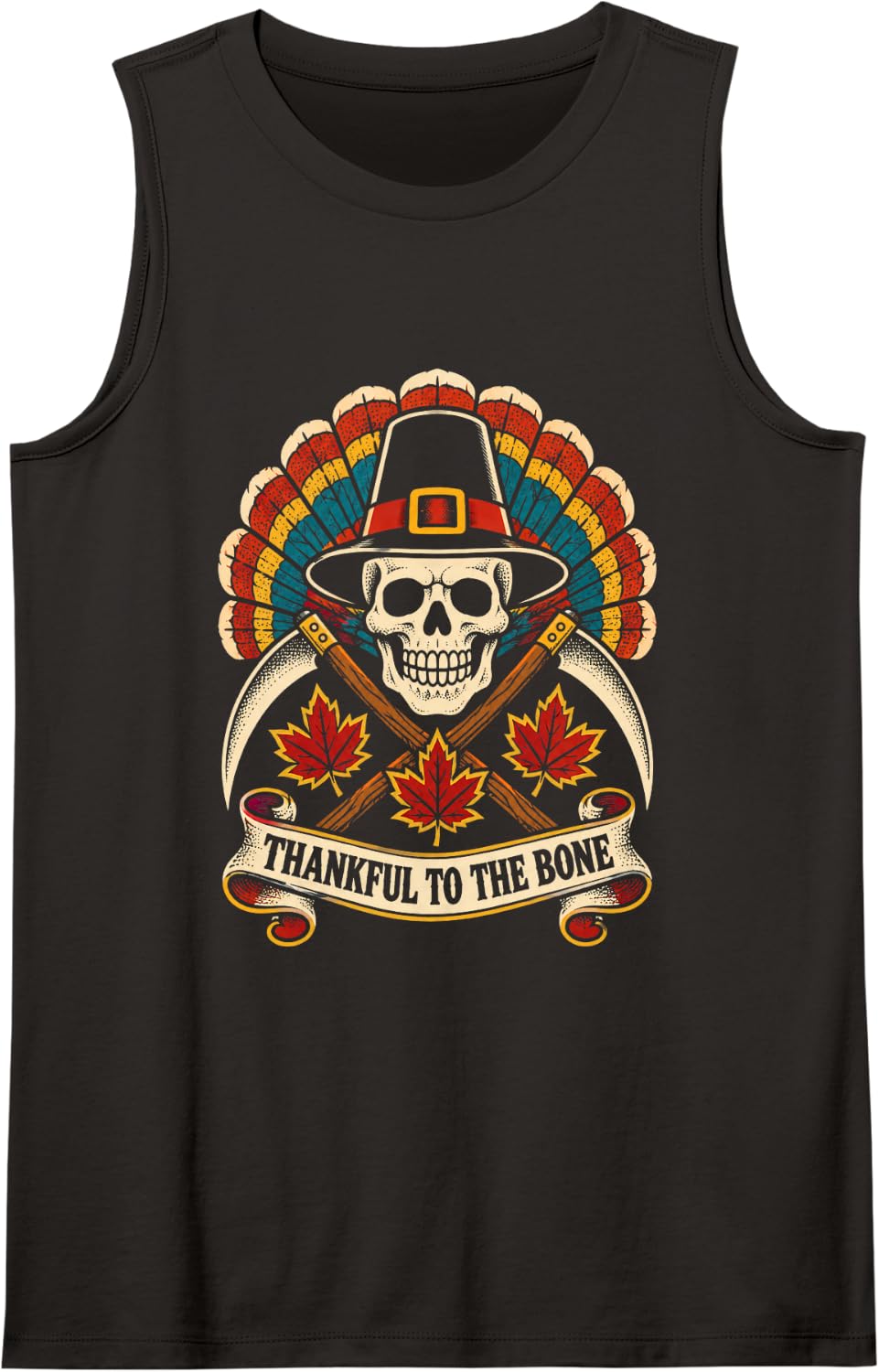 Thanksgiving Skull Pilgrim Family Thankful Bone Sleeveless Tank Top - Black