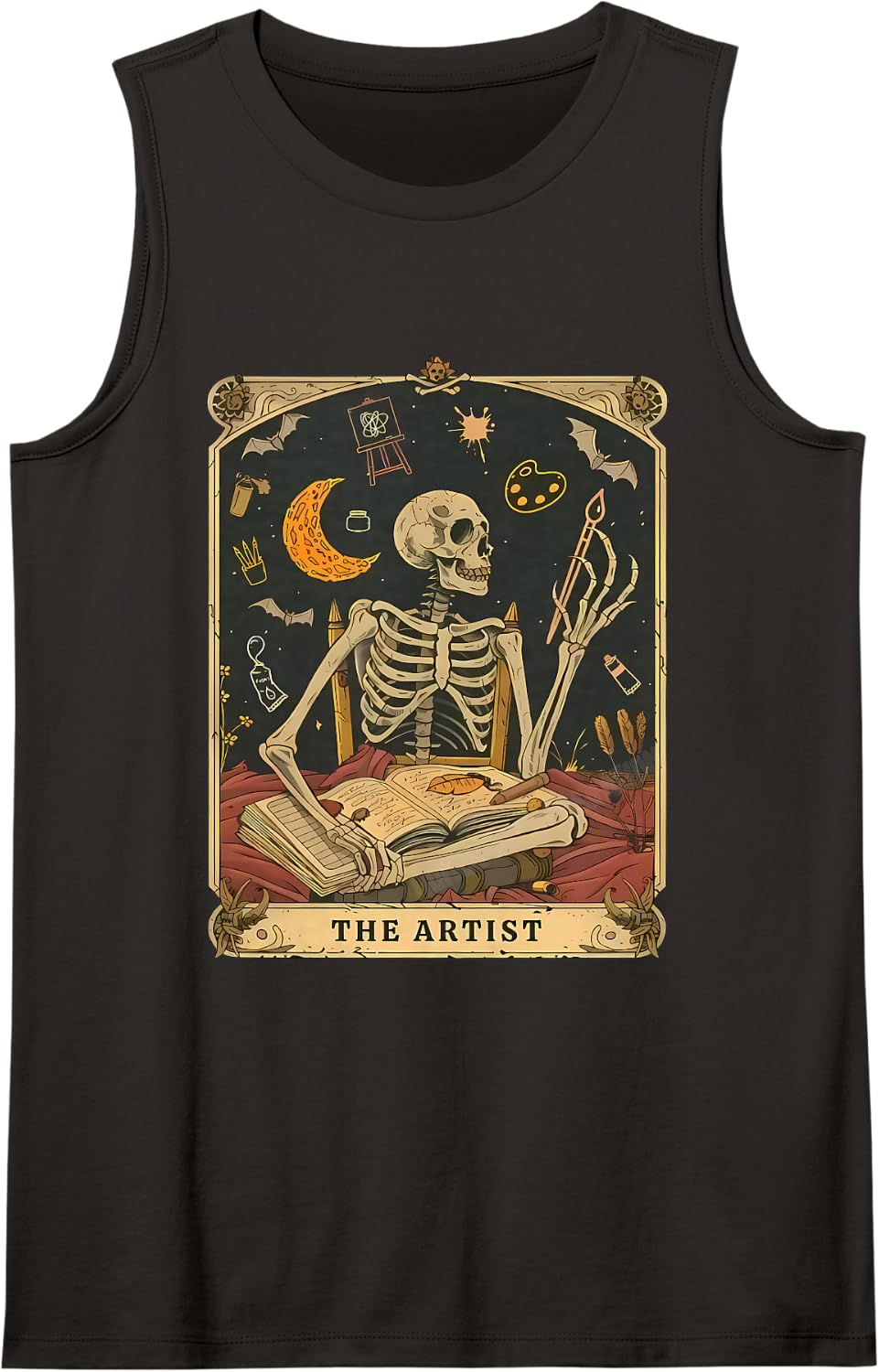 Funny Skeleton The Artist Tarot Card, Halloween Art Teacher Sleeveless Tank Top - Black