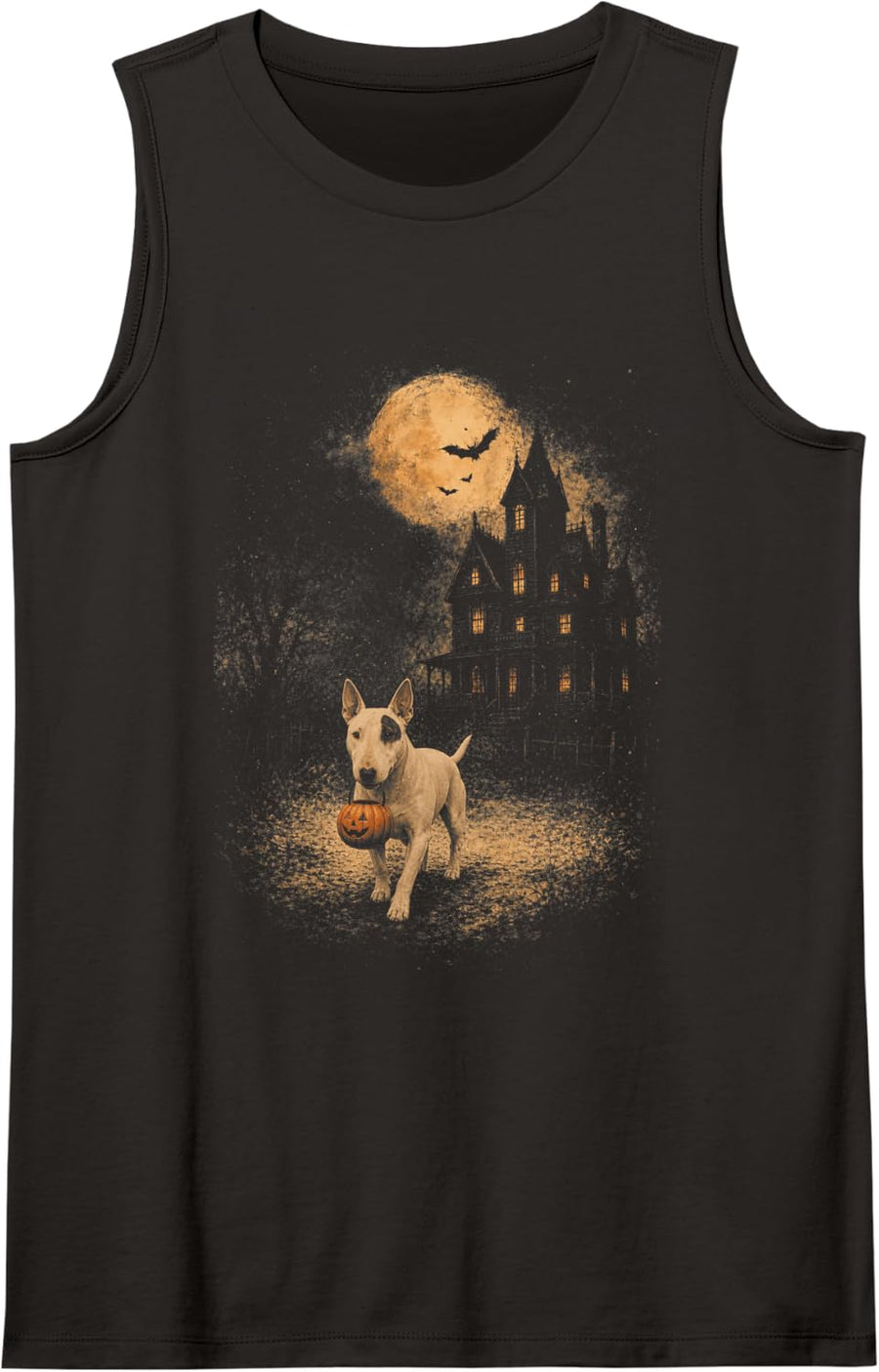 Vintage Bull Terrier Halloween Funny Dog Pumpkin Spooky Moon Sleeveless Tank Top - Black