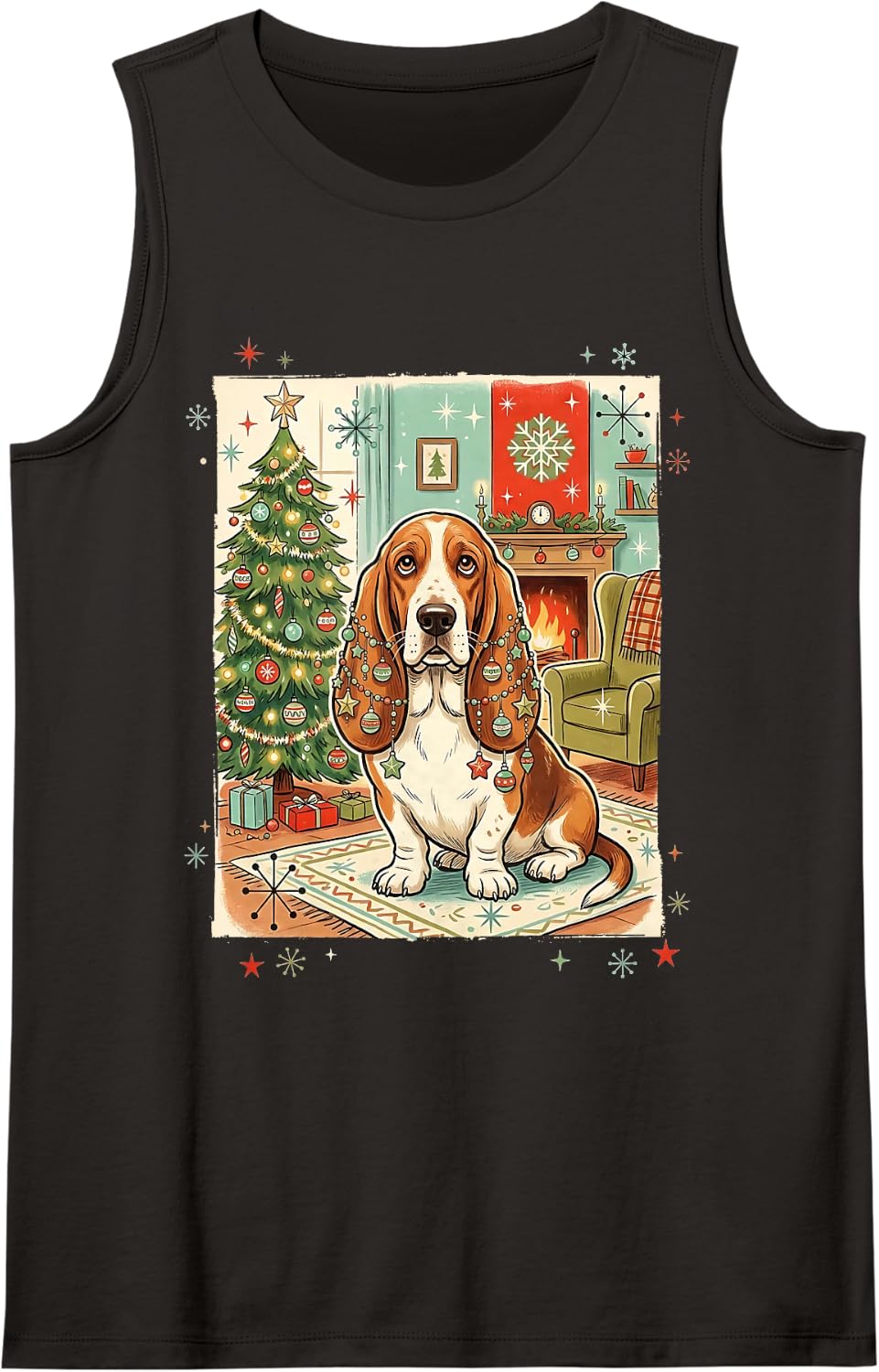Basset Hound Dog Baubled Christmas Tree Ornaments Retro Sleeveless Tank Top - Black
