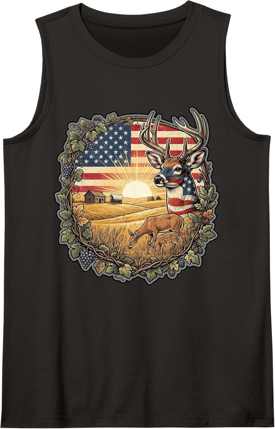 American Flag Deer Farm Sunset Wildlife Country Art Sleeveless Tank Top - Black