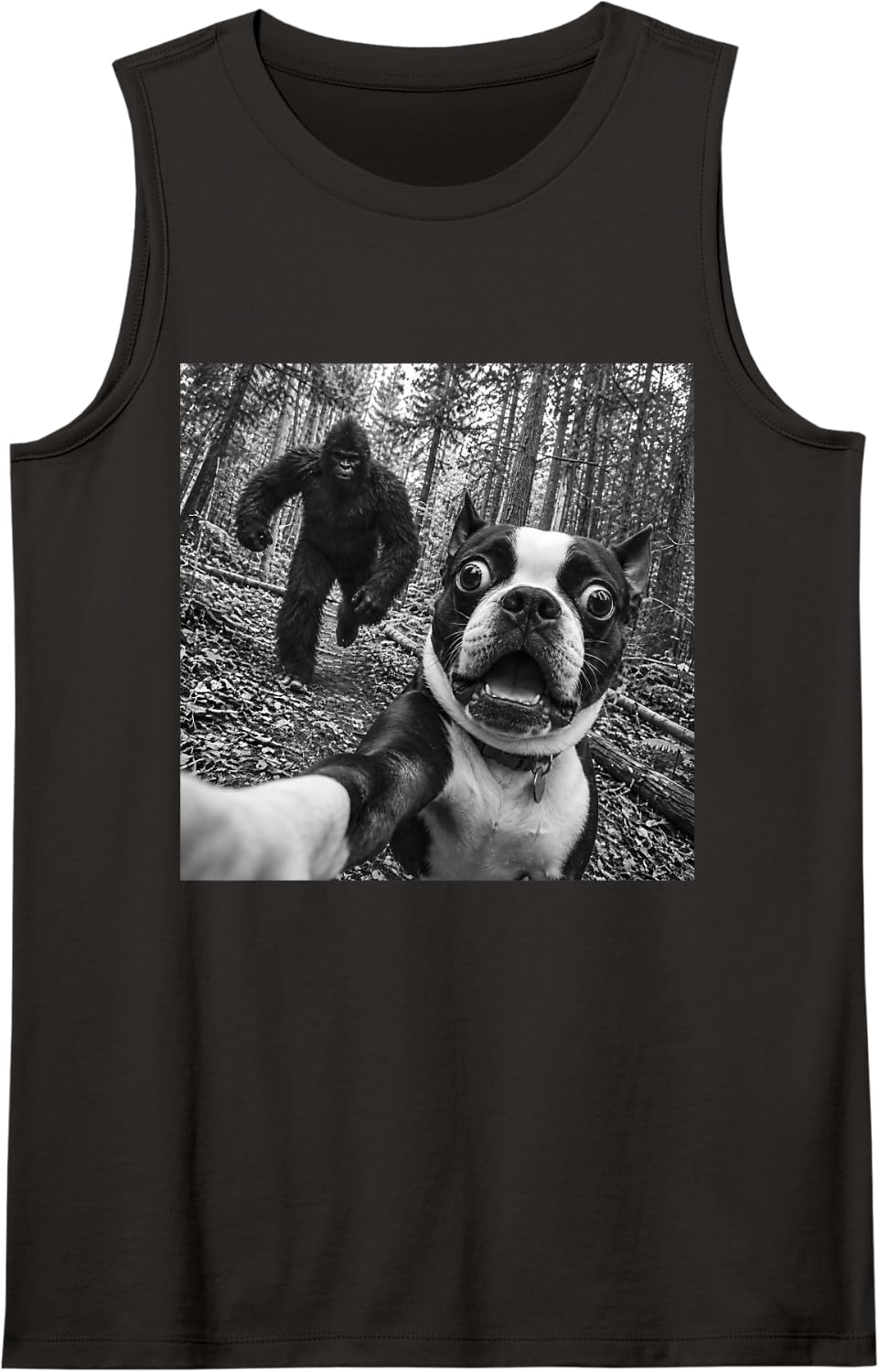 Boston Terrier Bigfoot Selfie Funny Sasquatch Photobomb Dog Sleeveless Tank Top - Black