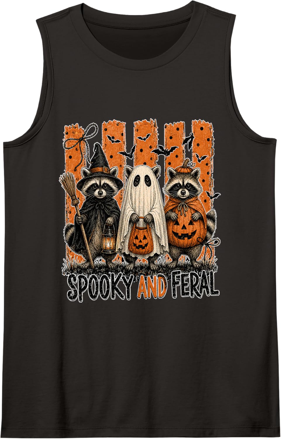 Witch Ghost Pumpkin Spooky and Feral Raccoon Halloween Tank Top - Black
