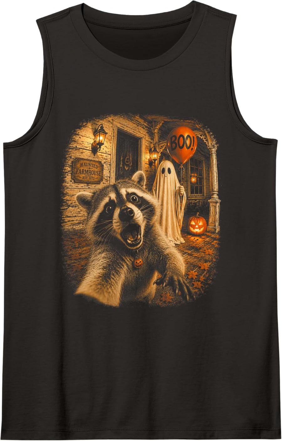Raccoon Ghost Selfie Boo Balloon Halloween Costume Tank Top - Black