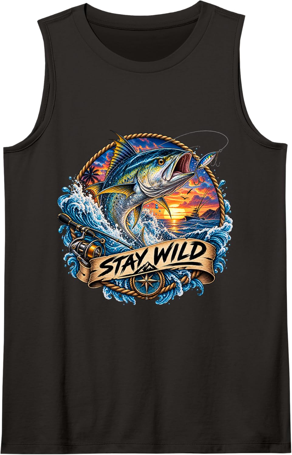 Stay Wild Fishing Marlin Ocean Waves Sport Fisherman Tank Top - Black