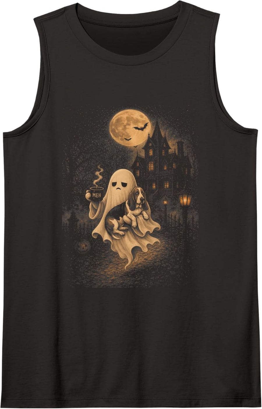 Vintage Basset Hound Ghost Coffee Spooky Halloween Sleeveless Tank Top - Black