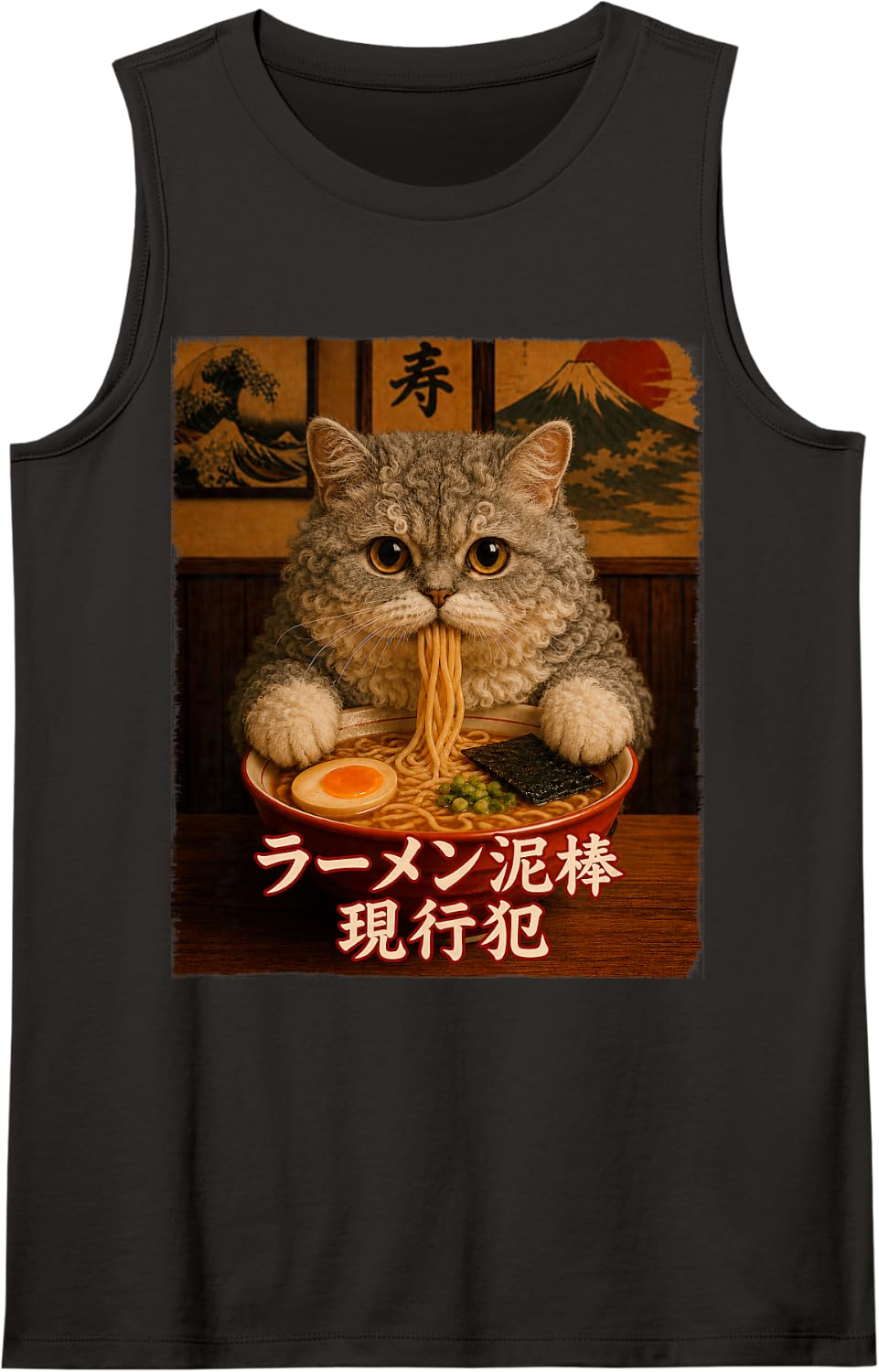 Selkirk Rex Cat - Ramen Thief - Grunge - Japanese Text Tank Top - Black