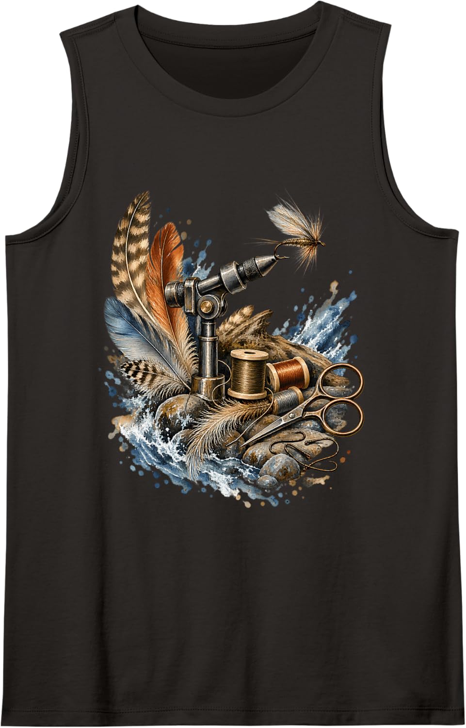 Fly Tying Vise Feathers Hooks Trout Fisherman Angler Sleeveless Tank Top - Black