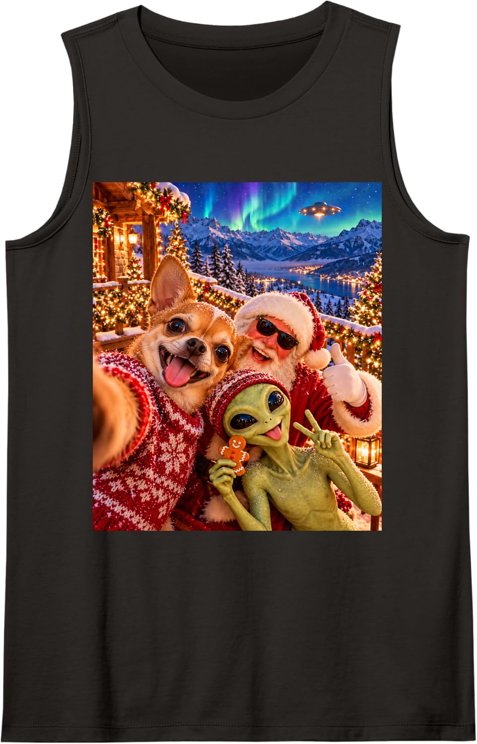 Chihuahua Happy Christmas Selfie with Santa and Alien Sleeveless Tank Top - Black
