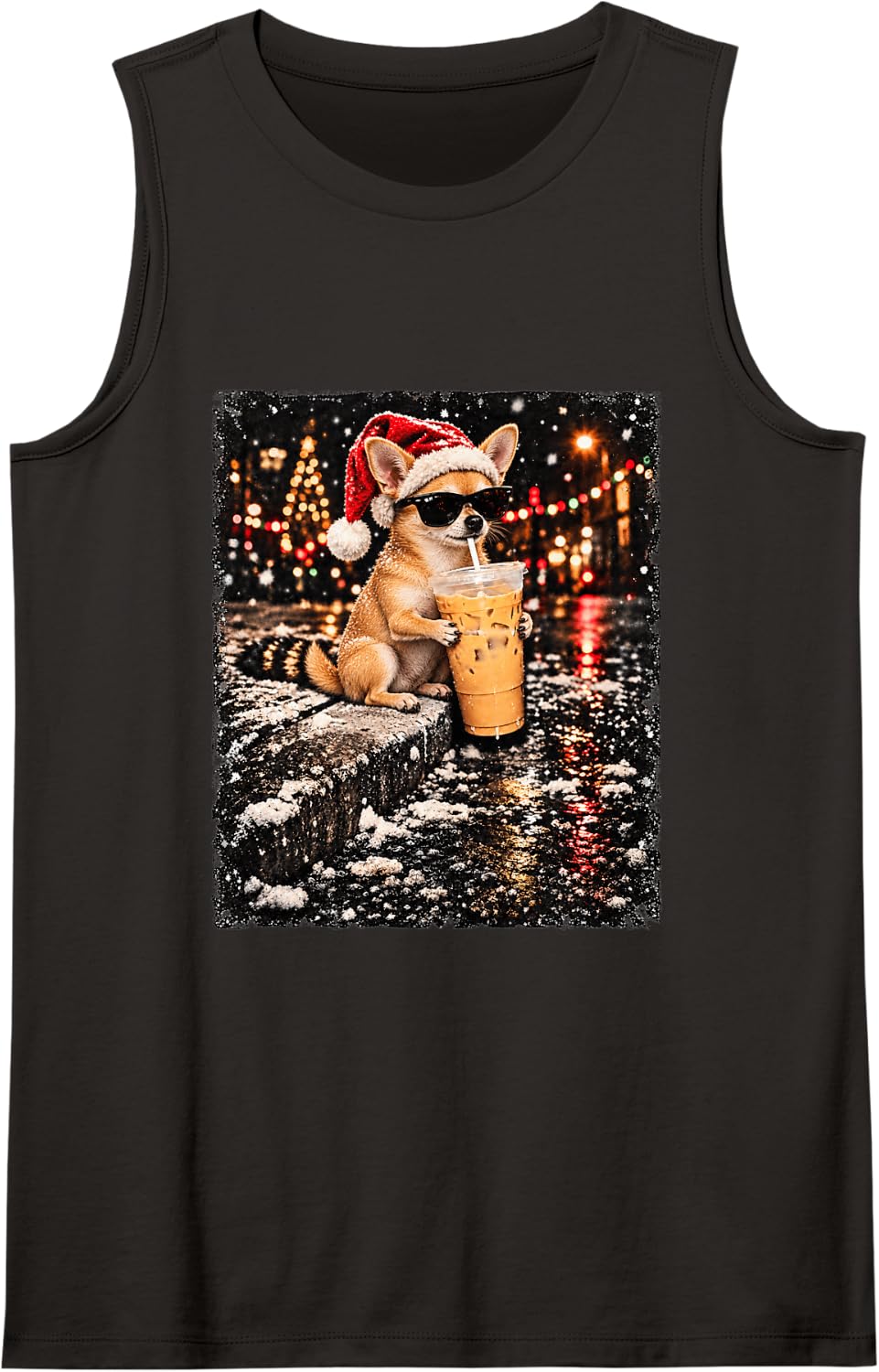 Funny Chihuahua Drinking Iced Coffee Christmas Animal Meme Sleeveless Tank Top - Black