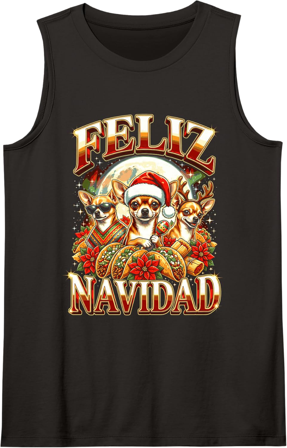 Feliz Navidad Chihuahua Mexican Christmas Fiesta Sleeveless Tank Top - Black