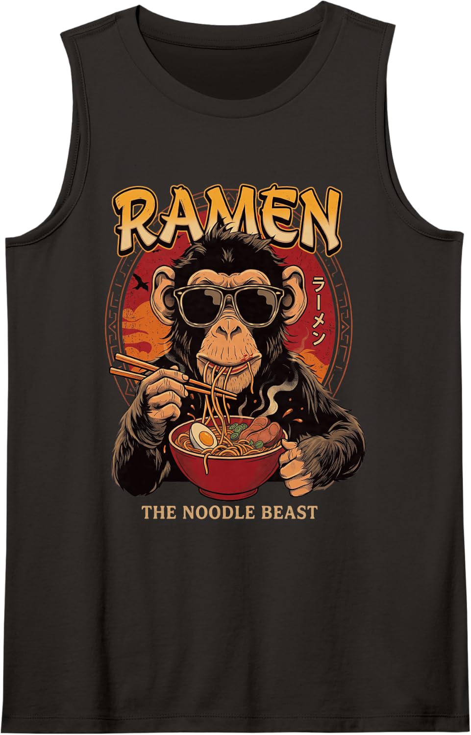 Monkey Eating Ramen Japanese Noodles Chimp Streetwear Sleeveless Tank Top - Black