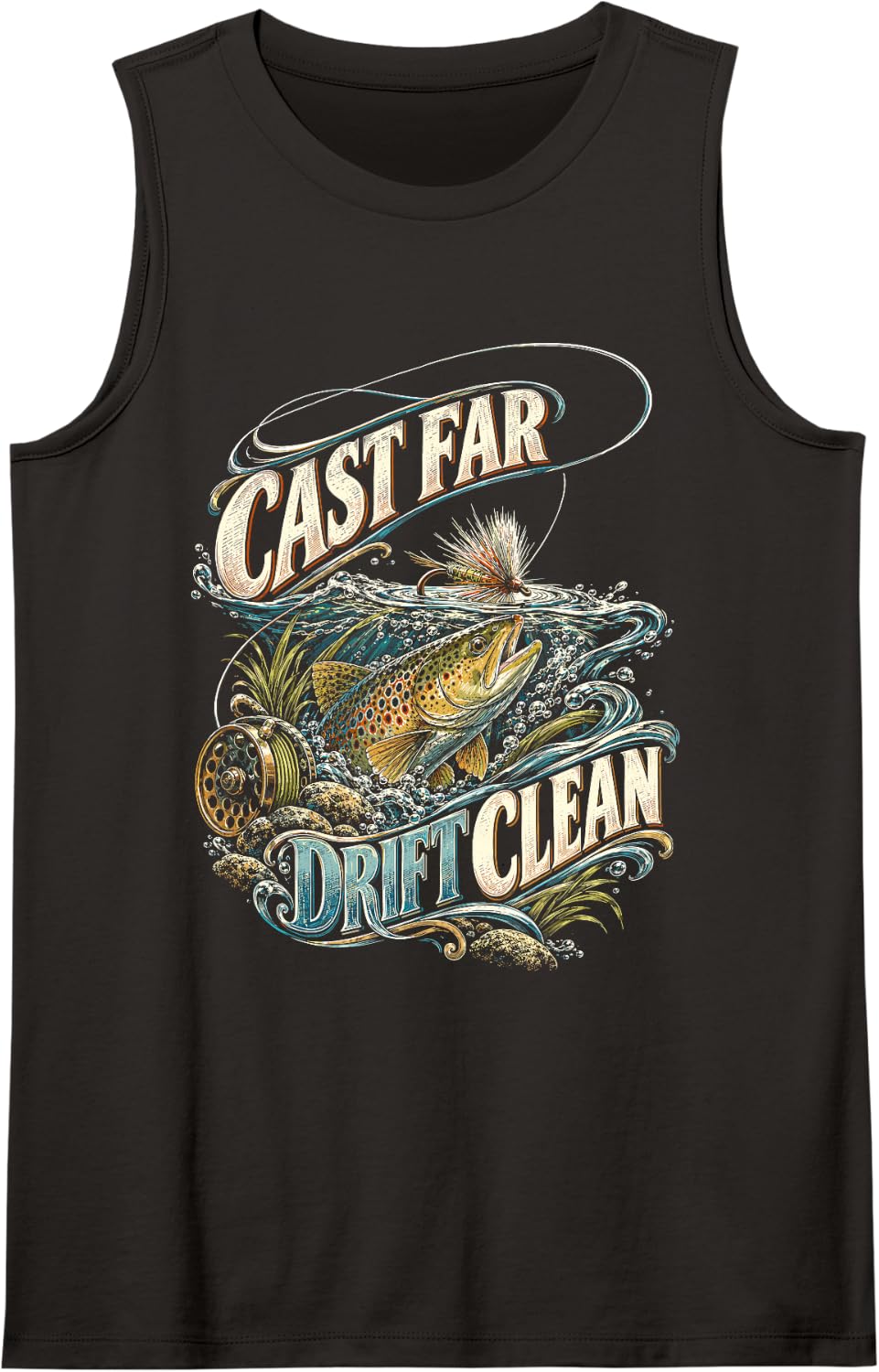 Fly Tying Fly Fishing Cast Far Drift Clean Sleeveless Tank Top - Black