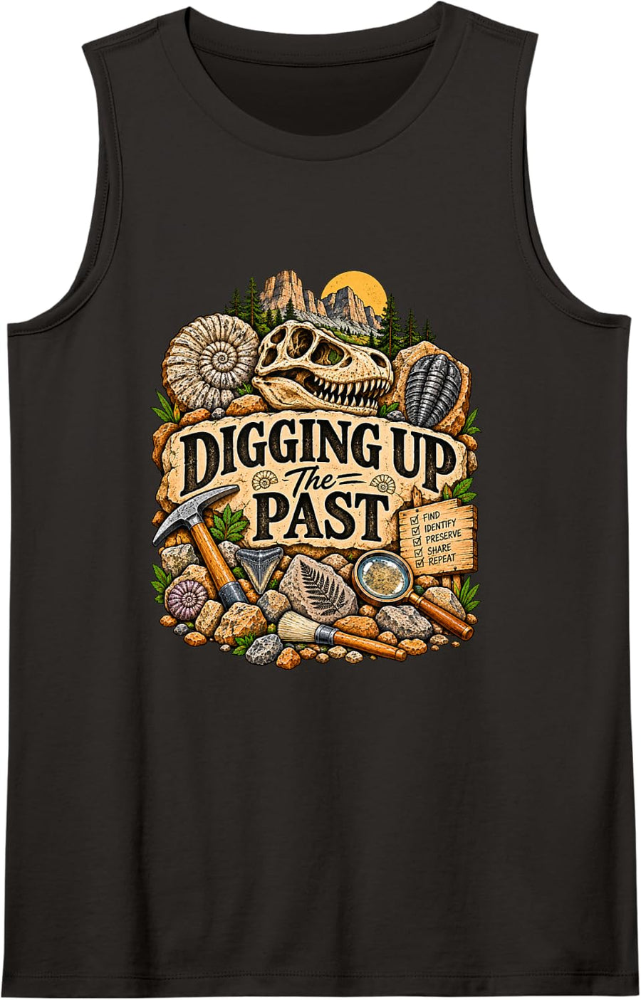 Digging Up The Past Fossil Hunter Hand Drawn Art Sleeveless Tank Top - Black