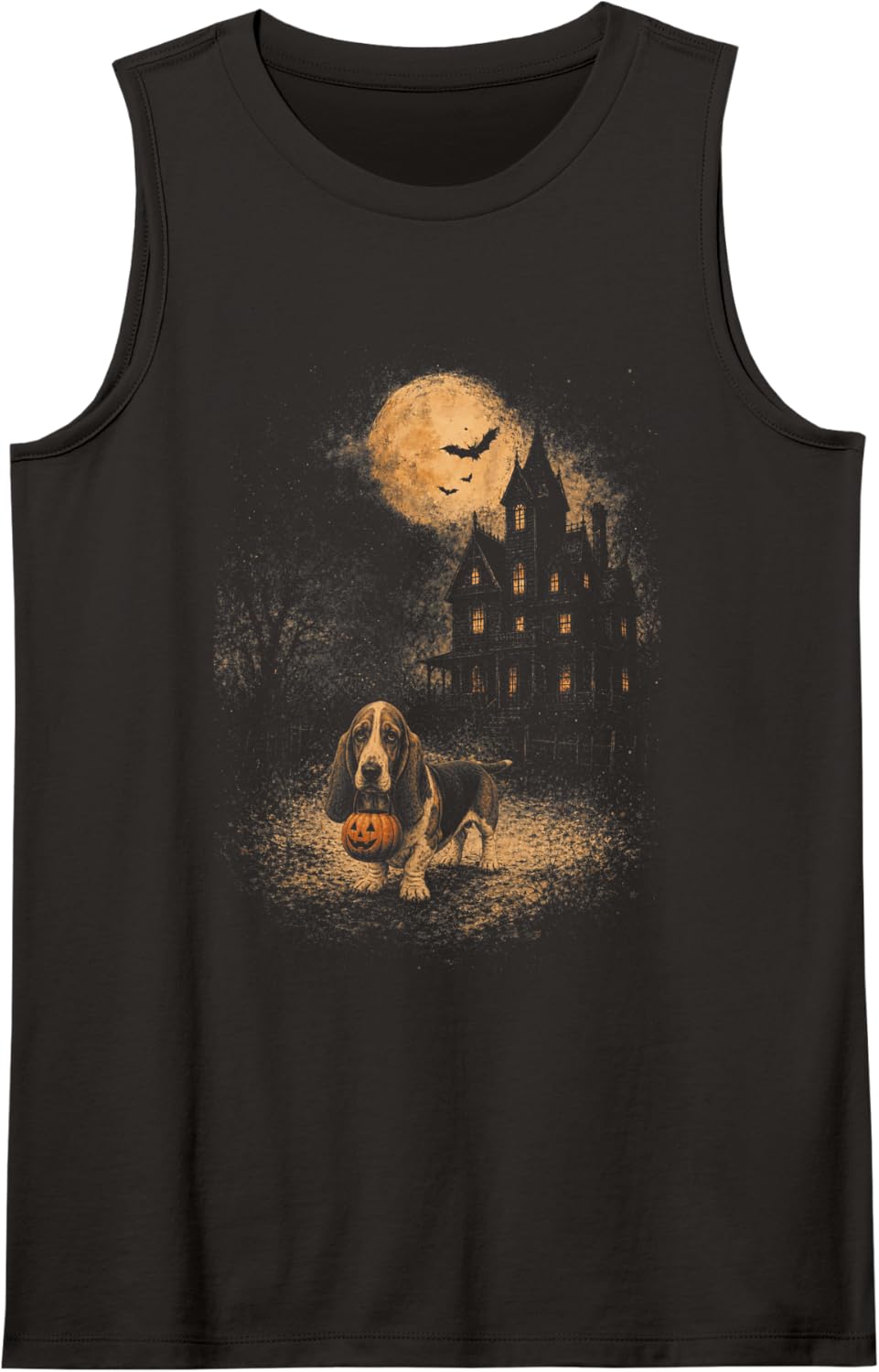Vintage Basset Hound Halloween Funny Dog Pumpkin Spooky Moon Sleeveless Tank Top - Black