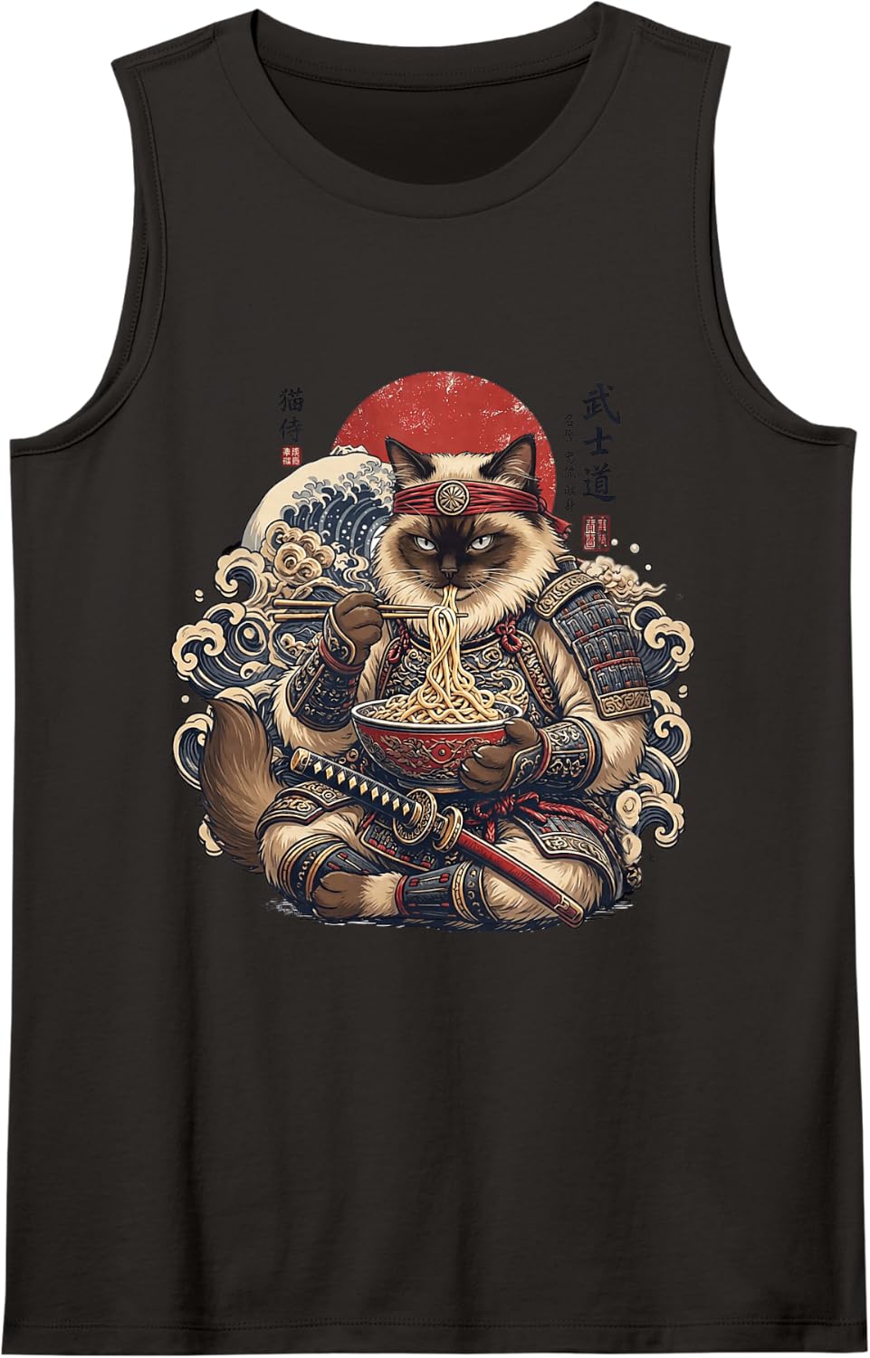 Ragdoll Cat Ramen Kawaii Japan Samurai Graphic Snack Sleeveless Tank Top - Black
