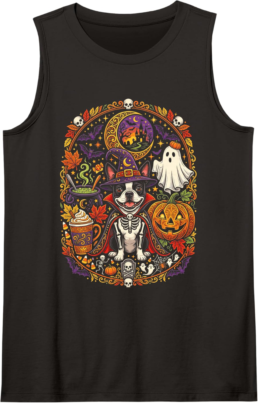 Boston Terrier Halloween Dog Lover Spooky Season Cute Sleeveless Tank Top - Black
