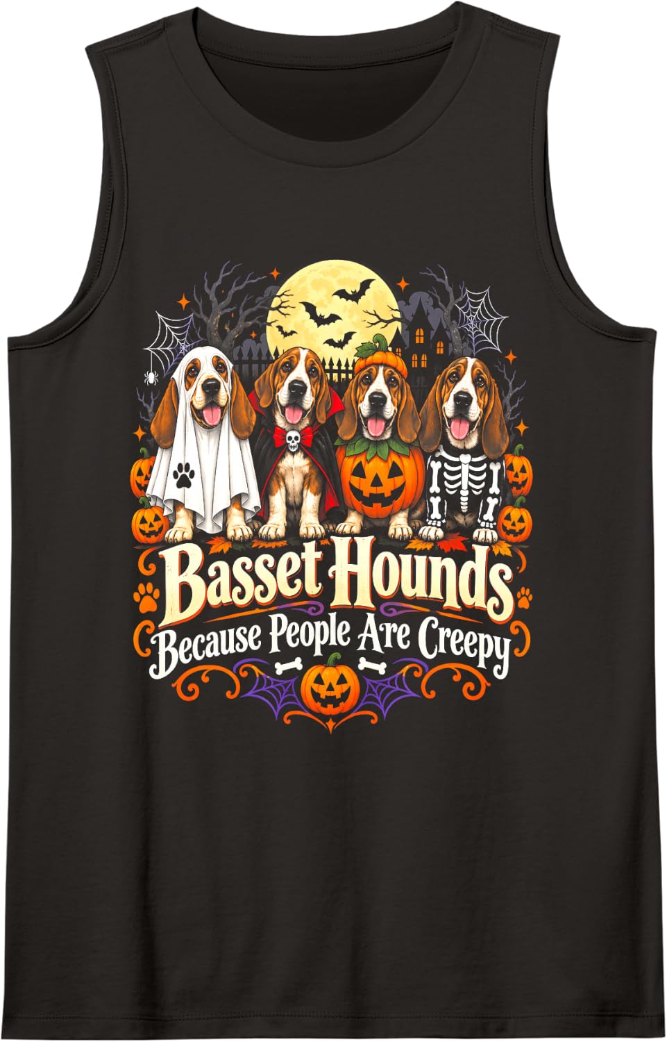 Basset Hounds Because People are Creepy Halloween Dog Sleeveless Tank Top - Black