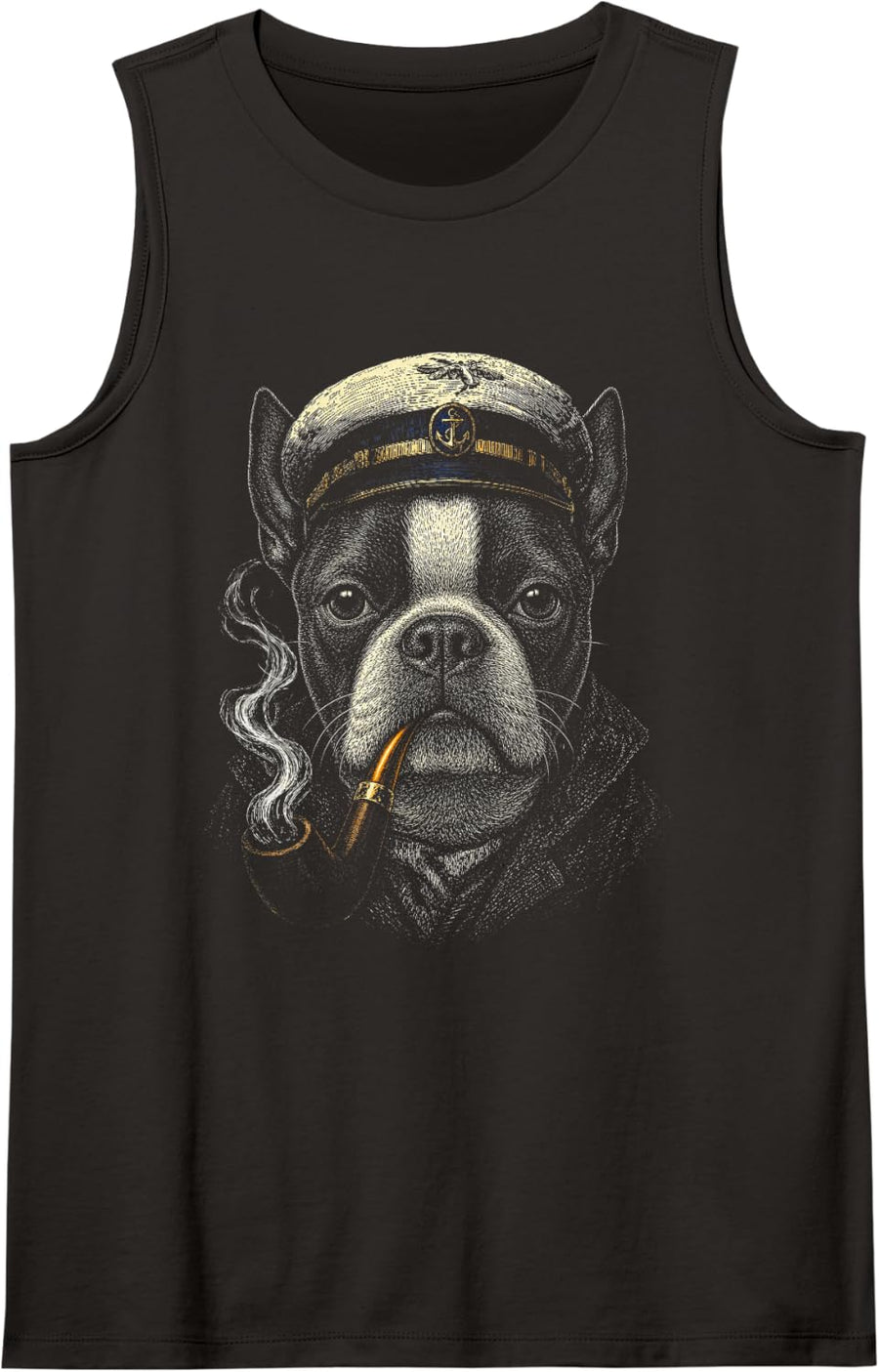 Boston Terrier Dog Smoking Pipe Nautical Captain Dog Lover Sleeveless Tank Top - Black