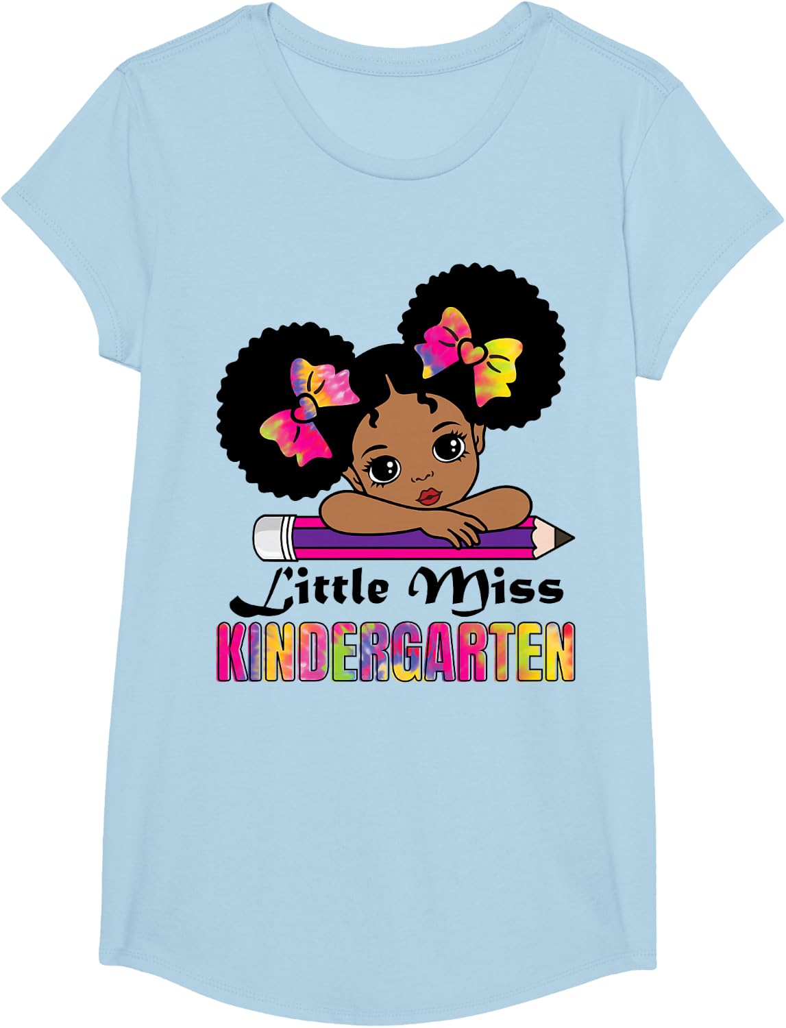 Little Miss Kindergarten Shirt Girl Black Afro Puff Back To School Tee T-Shirt - Girls Baby Blue