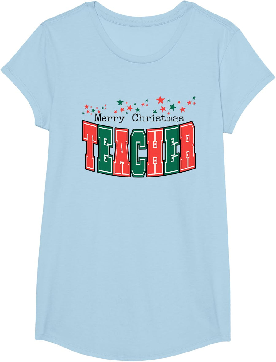 Merry Christmas Teacher Festive Holiday Classroom Educators T-Shirt - Girls Baby Blue