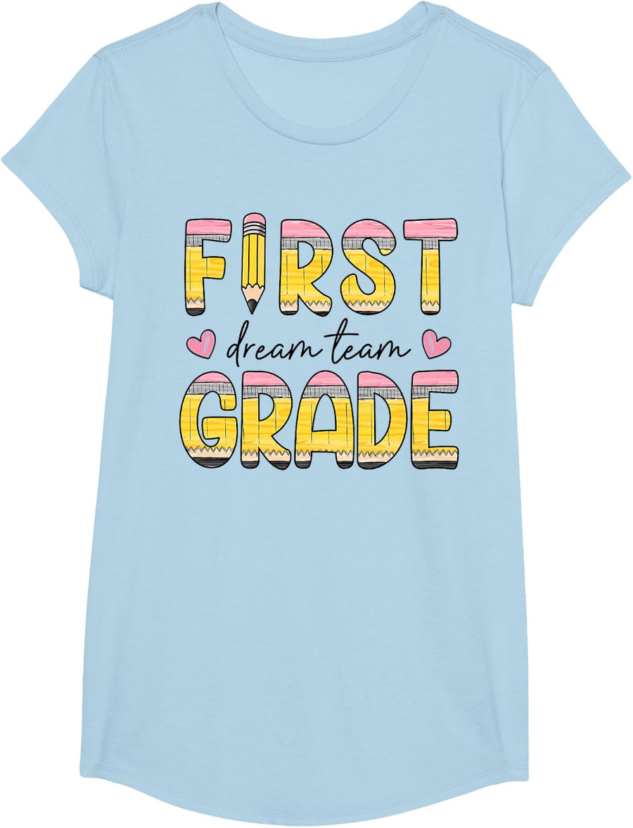 First Grade Crew Back to School T-Shirt Kids Funny Team 1st Grade Pencil Tee - Girls Baby Blue