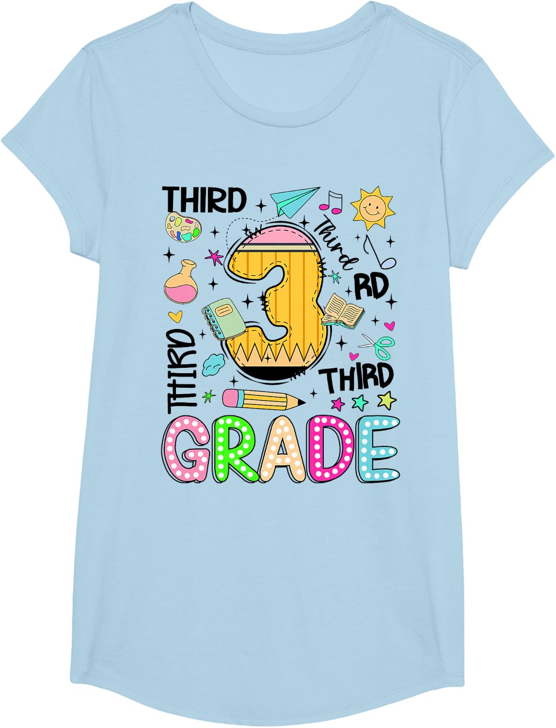 Preppy Third Grade Back to School Pencil Student Teacher Kid T-Shirt - Girls Baby Blue