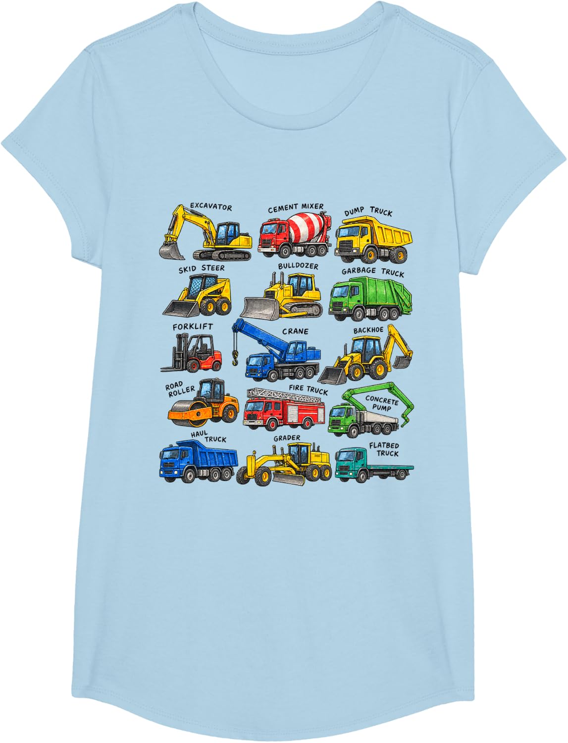 Construction Vehicles Heavy Equipment Trucks Machines T-Shirt - Girls Baby Blue