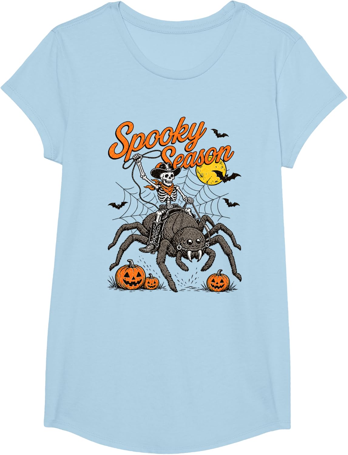 Retro Spooky Season Funny Pumpkin Cowboy Skeleton Halloween T-Shirt - Girls Baby Blue