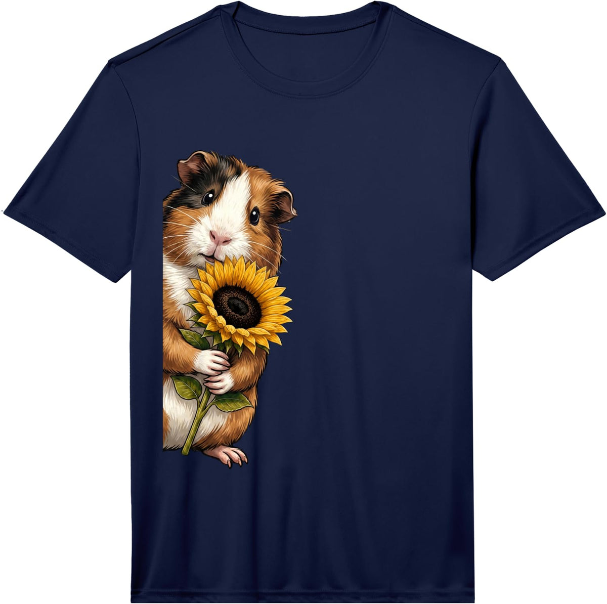 Guinea Pig Sunflower Peeking from Side Wildlife Animal Performance T-Shirt - Navy Blue