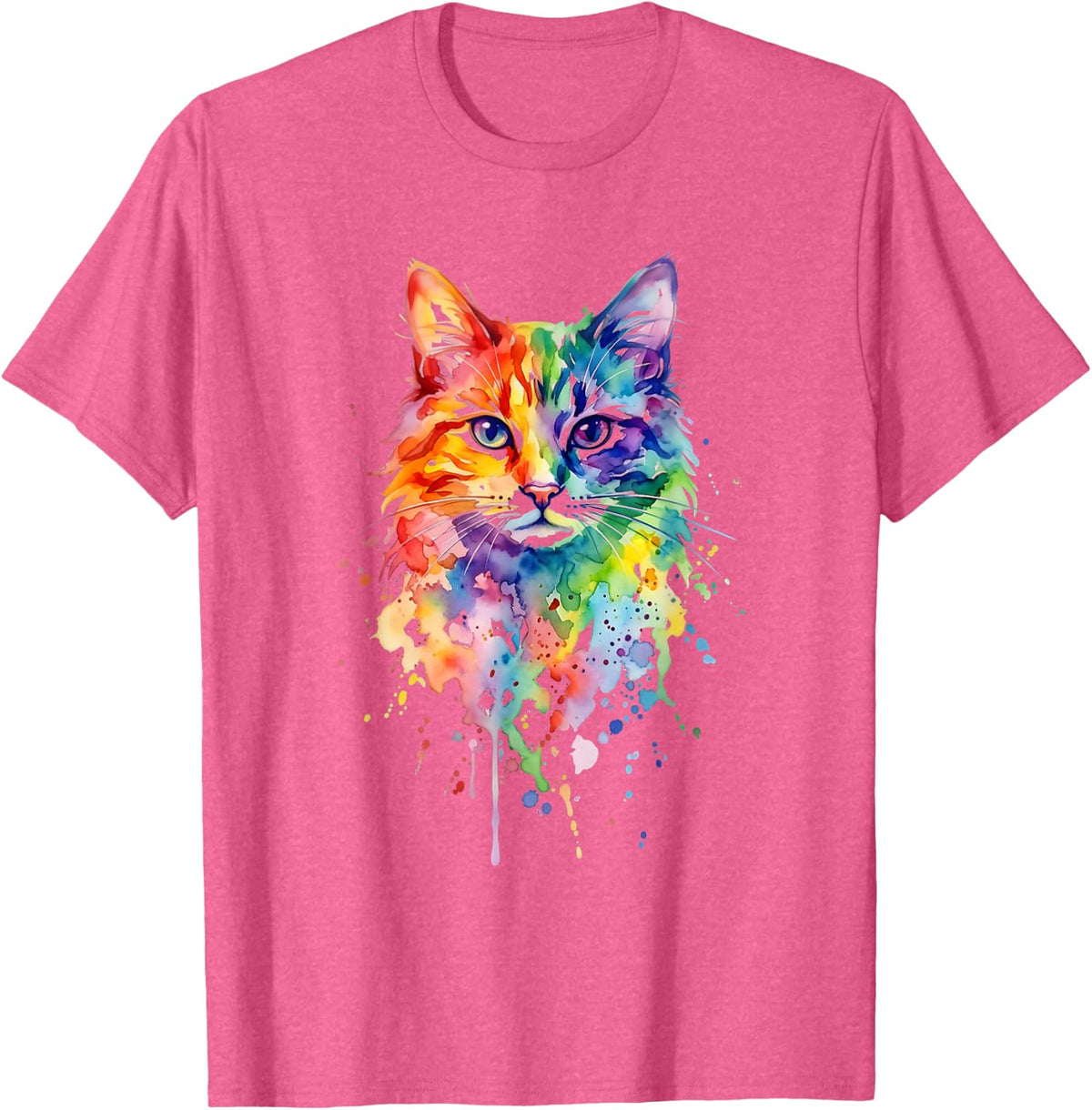 Watercolor Rainbow Cat Portrait Paint Kitty Art T-Shirt - Pink Heather
