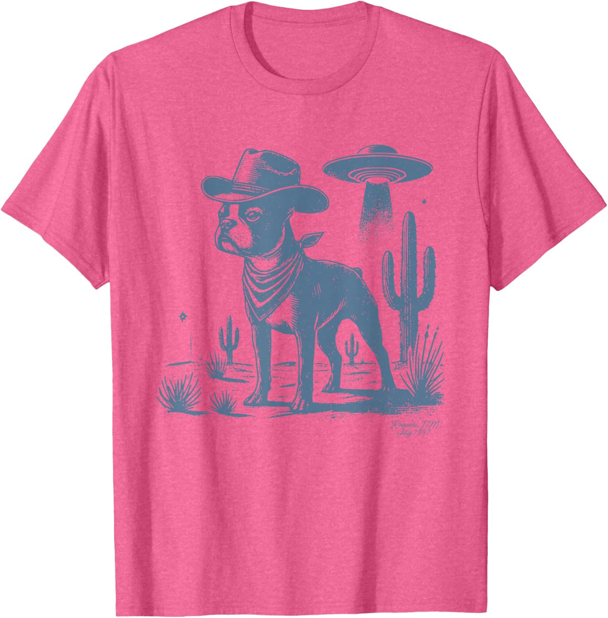 Boston Terrier UFO Cowboy Dog, Dog Mom, Dog Dad, Alien Dog T-Shirt - Pink Heather