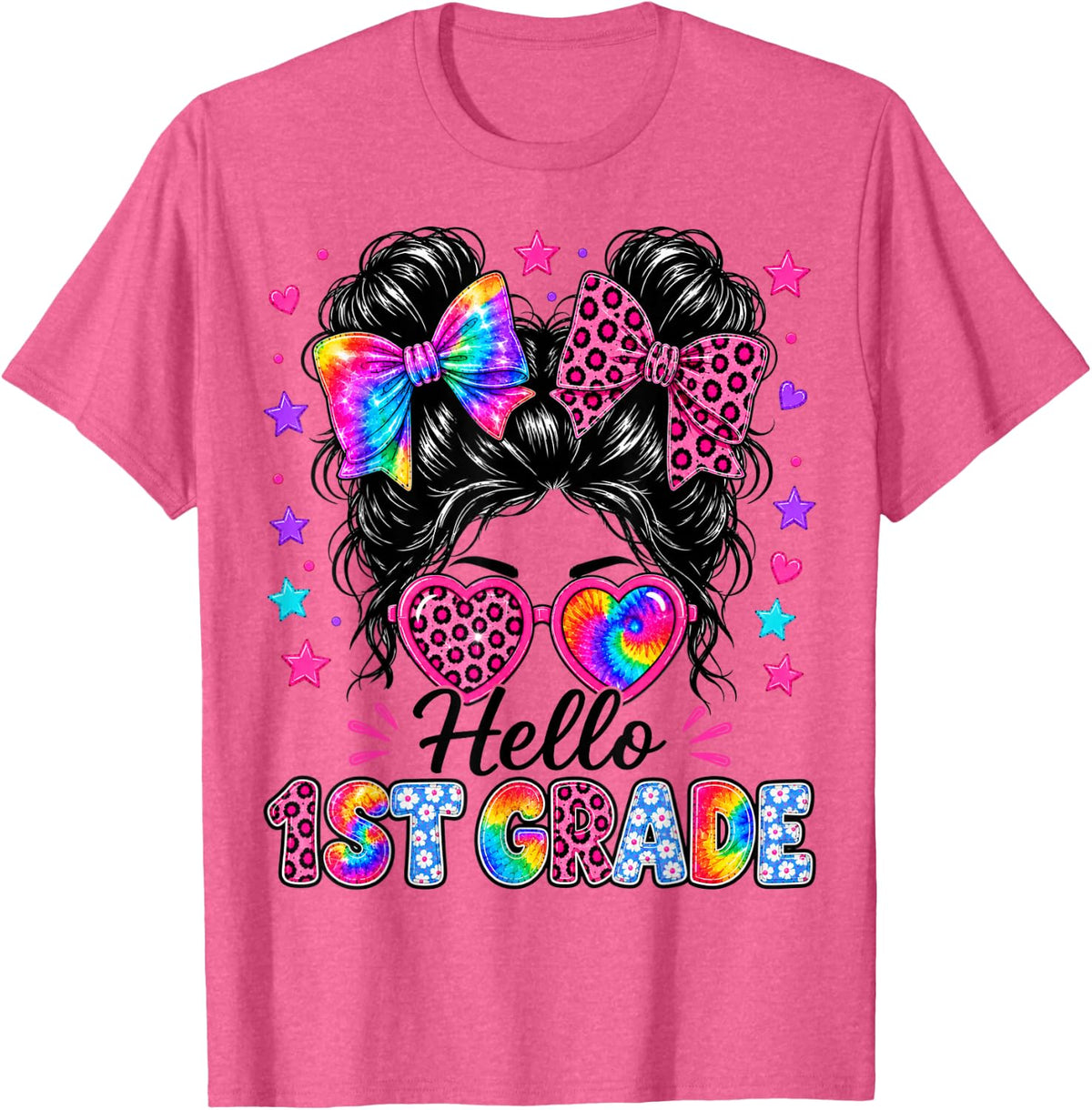 Hello 1st Grade Messy Bun First Day of School T-Shirt Tee for Girls and Teachers - Pink Heather