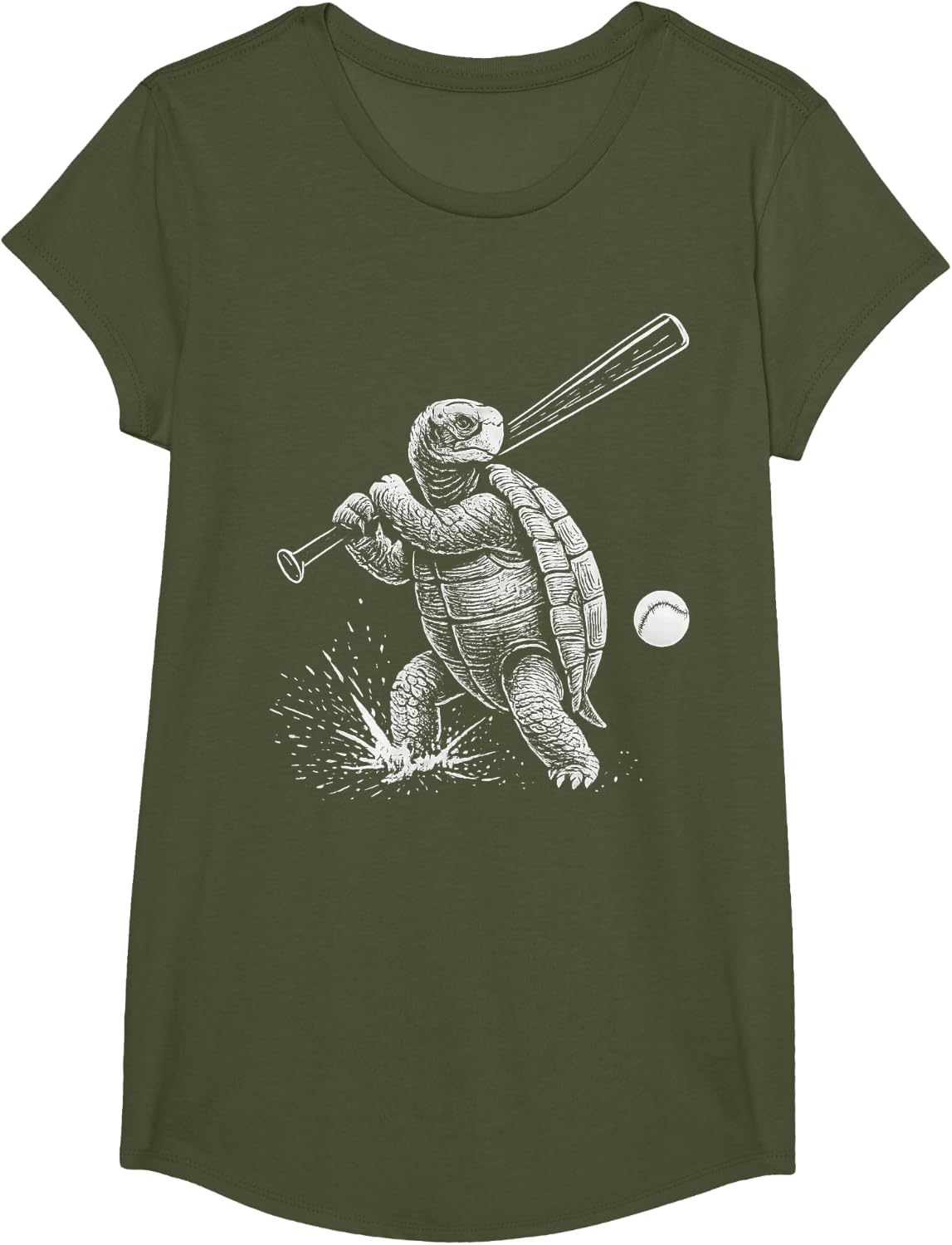 Tortoise Baseball Sports Reptile Lover T-Shirt - Girls Olive Green