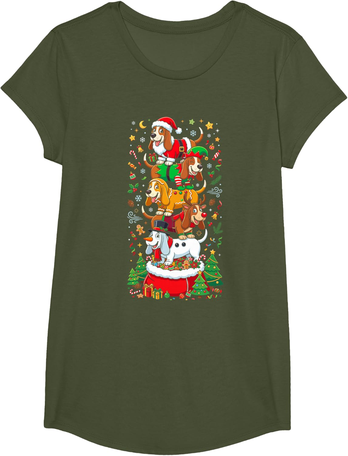 Funny Christmas Basset Hound Santa Elf Snowman Womens Mens T-Shirt - Girls Olive Green