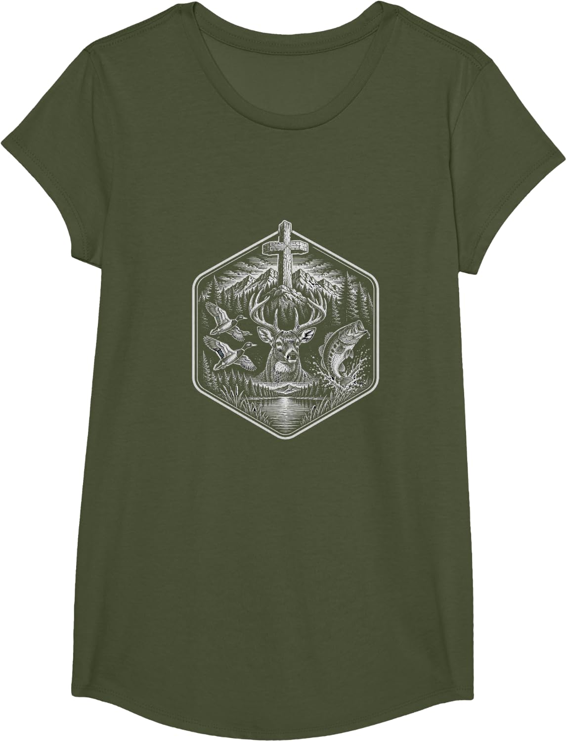 Faith Hunting Fishing Cross Deer Duck Bass Christian Outdoor T-Shirt - Girls Olive Green