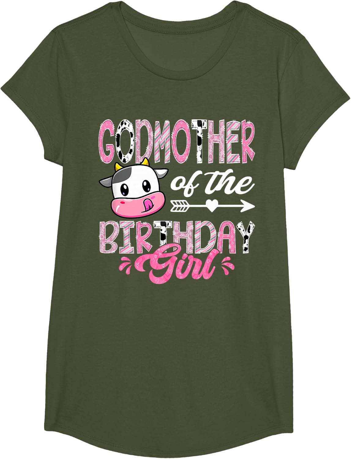 Godmother of The Birthday Girl Pink Farm Cow 1st Birthday T-Shirt - Girls Olive Green