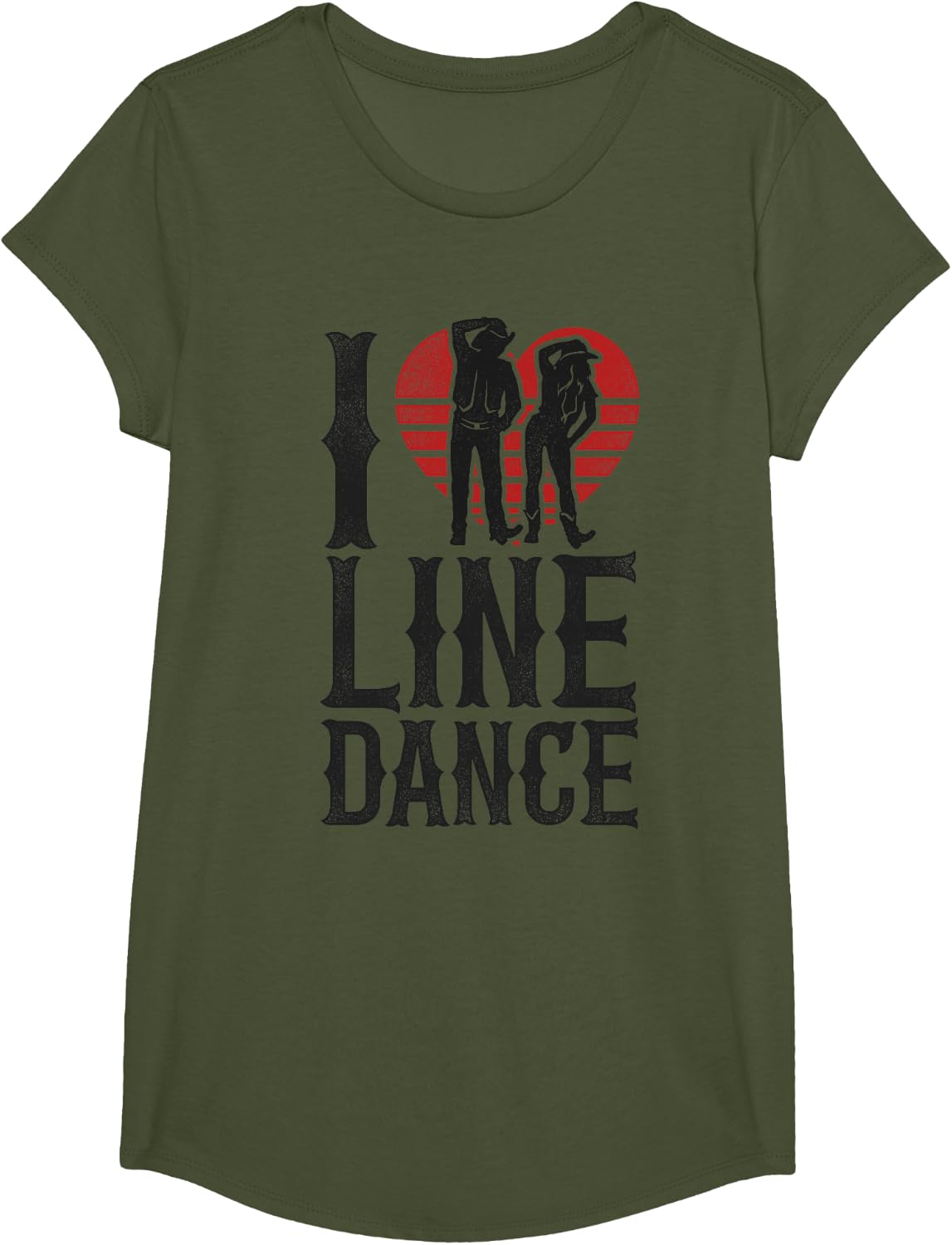 Line Dancing Dance Teacher Heart I Love Line Dance T-Shirt - Girls Olive Green