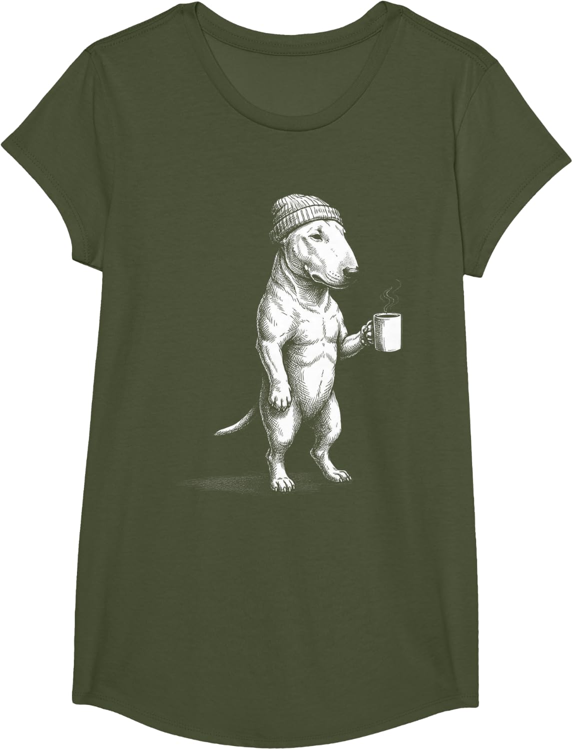Grumpy Bull Terrier Dog Drinking Coffee Funny T-Shirt - Girls Olive Green