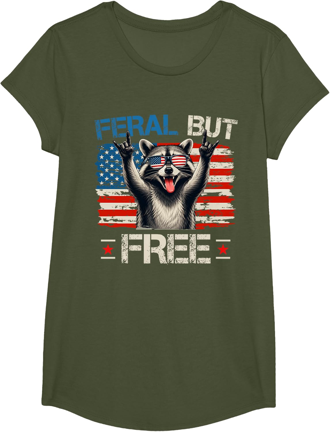 Feral and Free Funny Raccoon Patriotic American 4th of July T-Shirt - Girls Olive Green