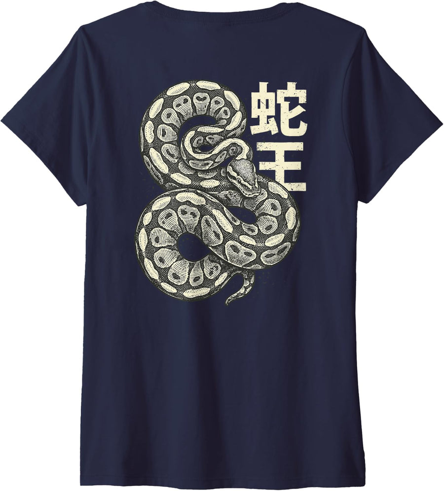Women's Ball Python Japan Aesthetic (On Back) V-Neck T-Shirt - Navy Blue