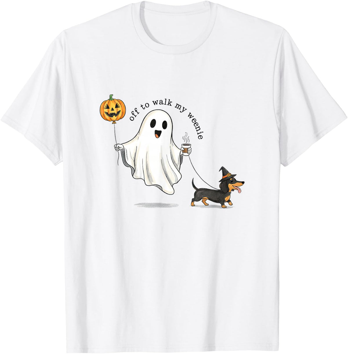 Off to Walk My Weenie Halloween Ghost Walking Dachshund Dog T-Shirt - White