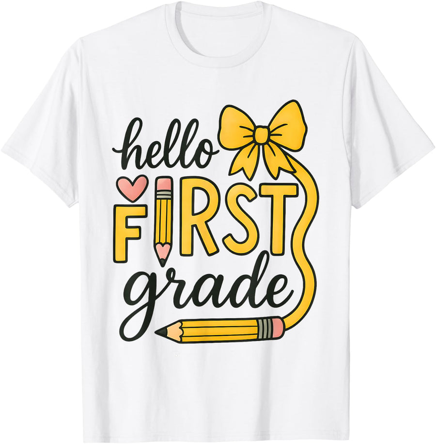 Hello First Grade Teacher Shirt Coquette Pencil Bow Back to School Tee T-Shirt - White
