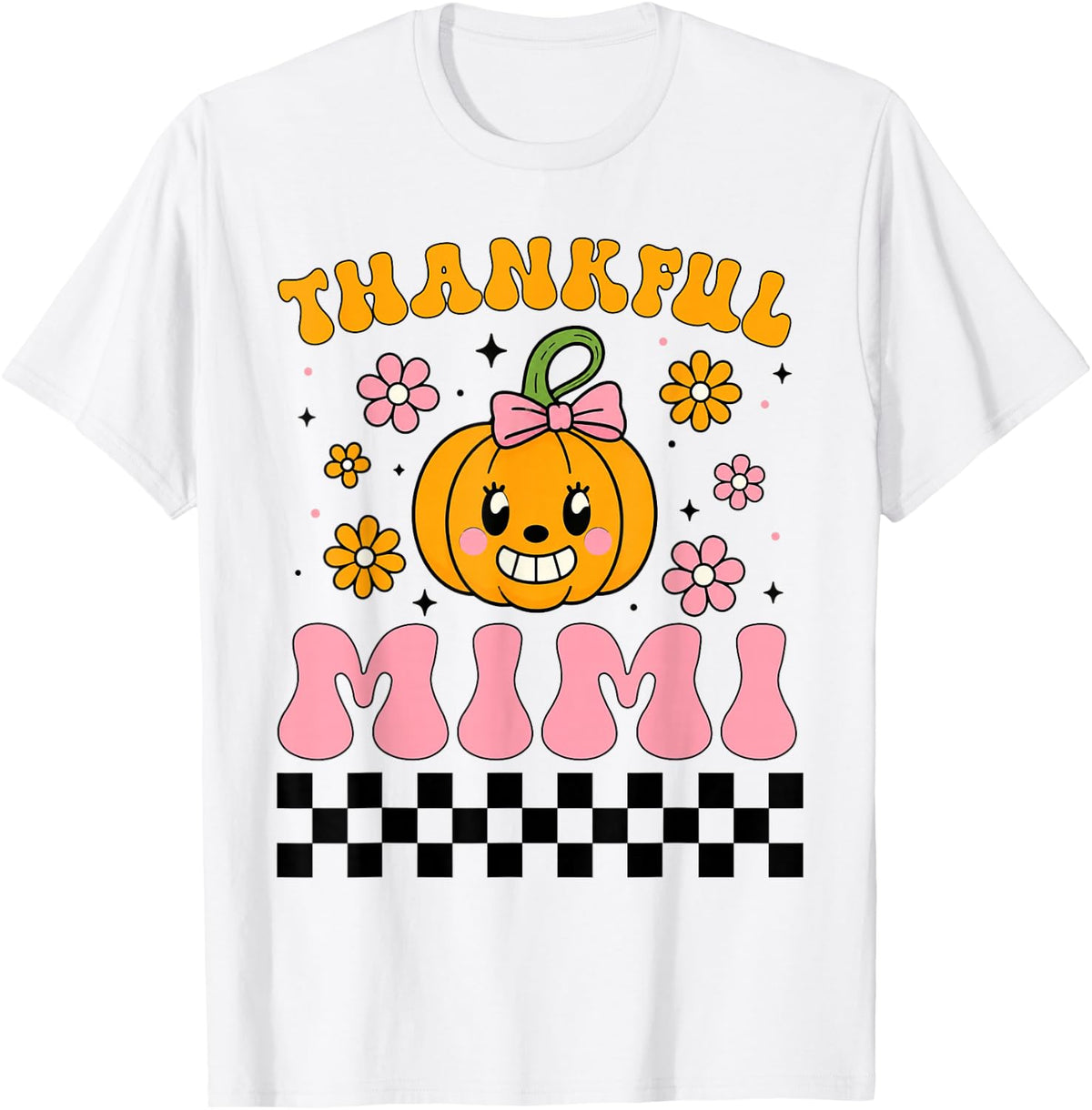 Retro Groovy Thankful Mimi Fall Autumn Thanksgiving T-Shirt - White