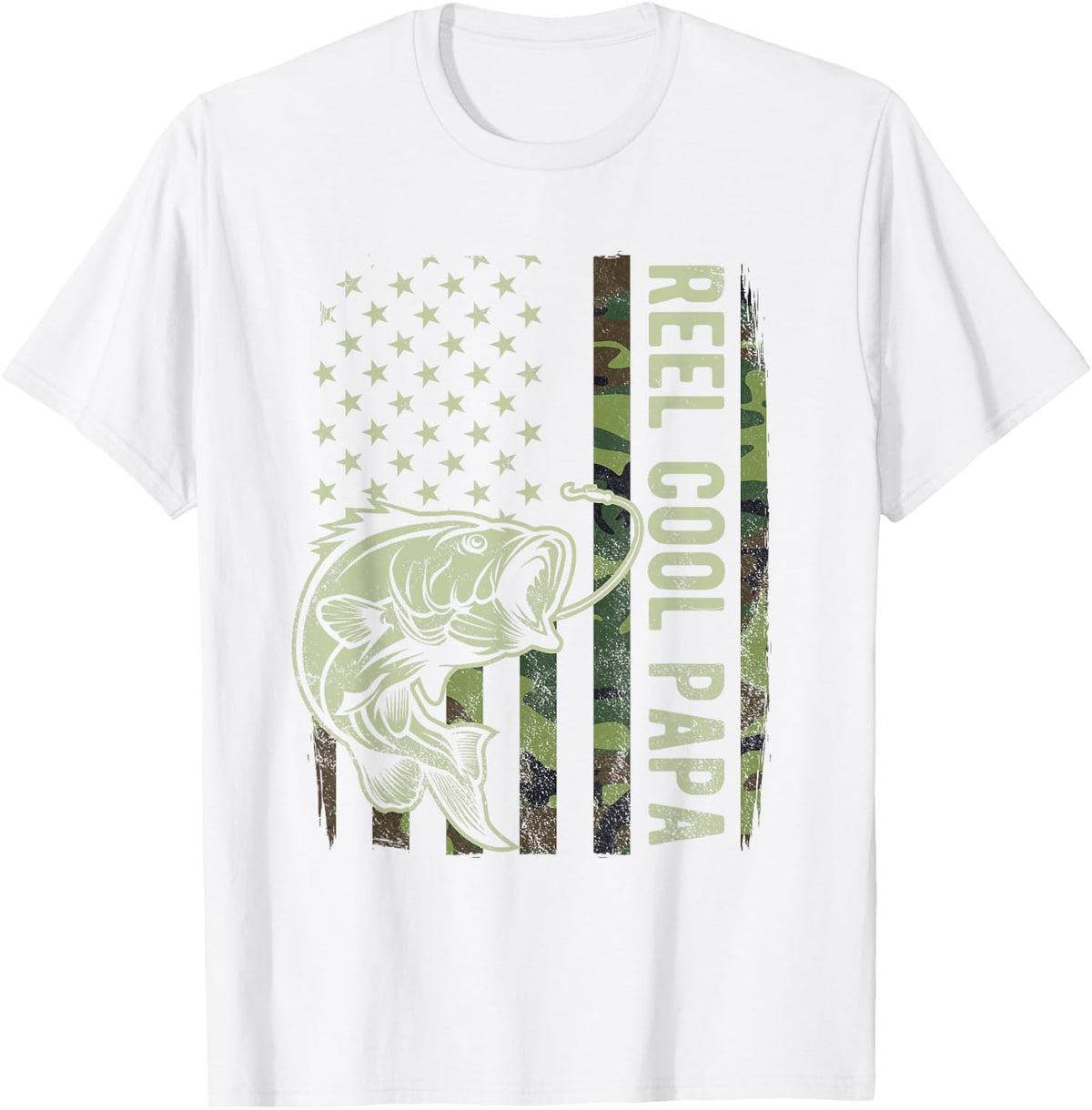 Reel Cool Papa Camouflage American Flag Bass Fish Fisherman T-Shirt - White