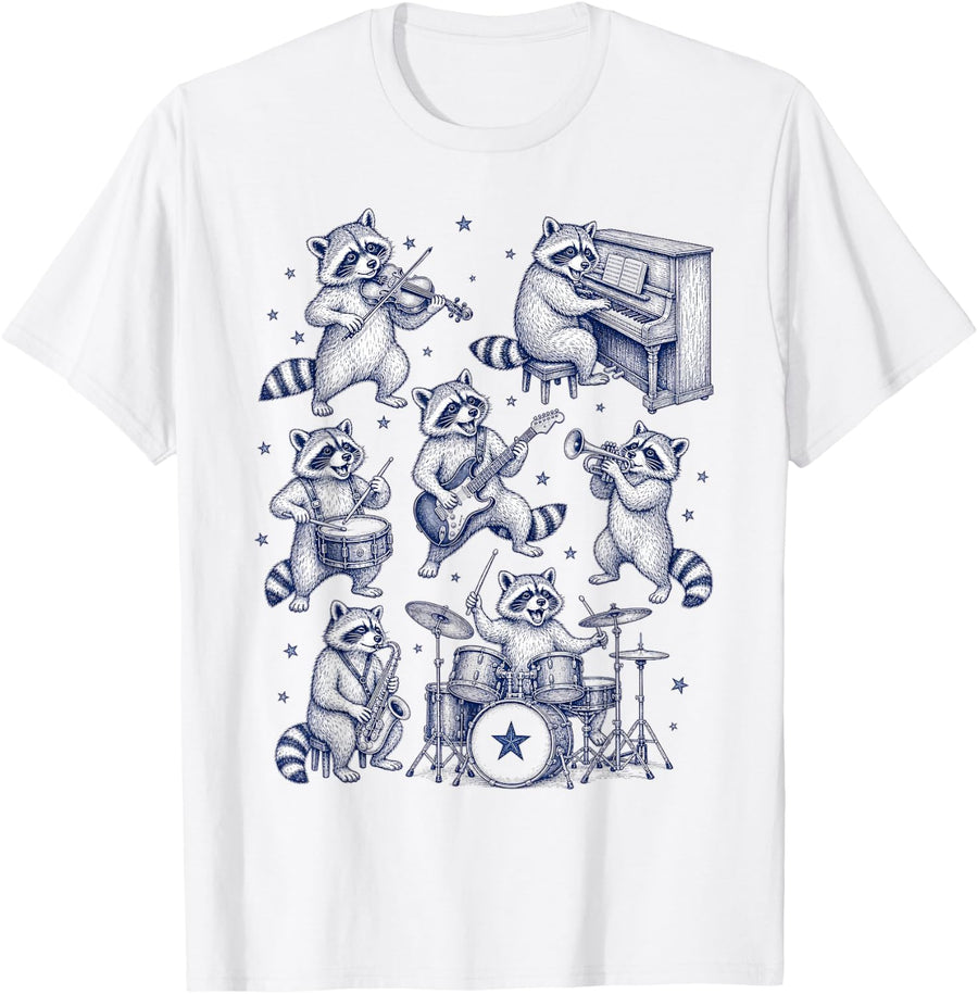Raccoon Band Musician Music Lover Orchestra T-Shirt - White