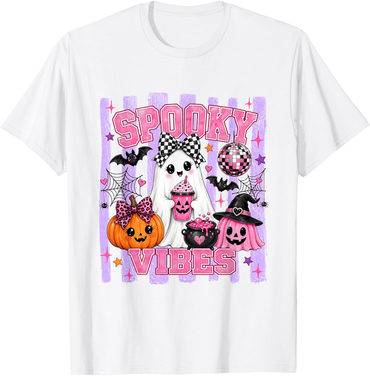 Spooky Vibes Striped Halloween Ghost Pumpkin Coquette Bow T-Shirt - White